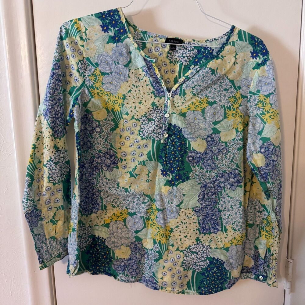Womens Talbots 100% Cotton Blue/Yellow/Green Floral Lightweight Tunic Blouse Med